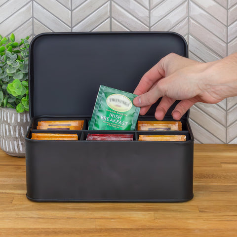 AuldHome Design enamelware tea bag box six compartments for tidy tea portioning.