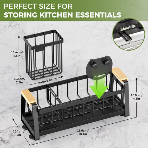 AUMOVAWA sink caddy tilted drip tray directs water into the sink for quick drying.