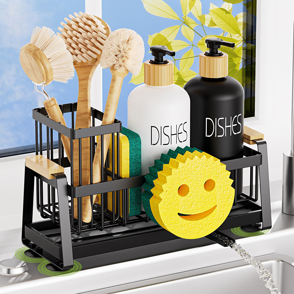 AUMOVAWA sponge holder with suction cups keeps the sink tidy and securely anchored.