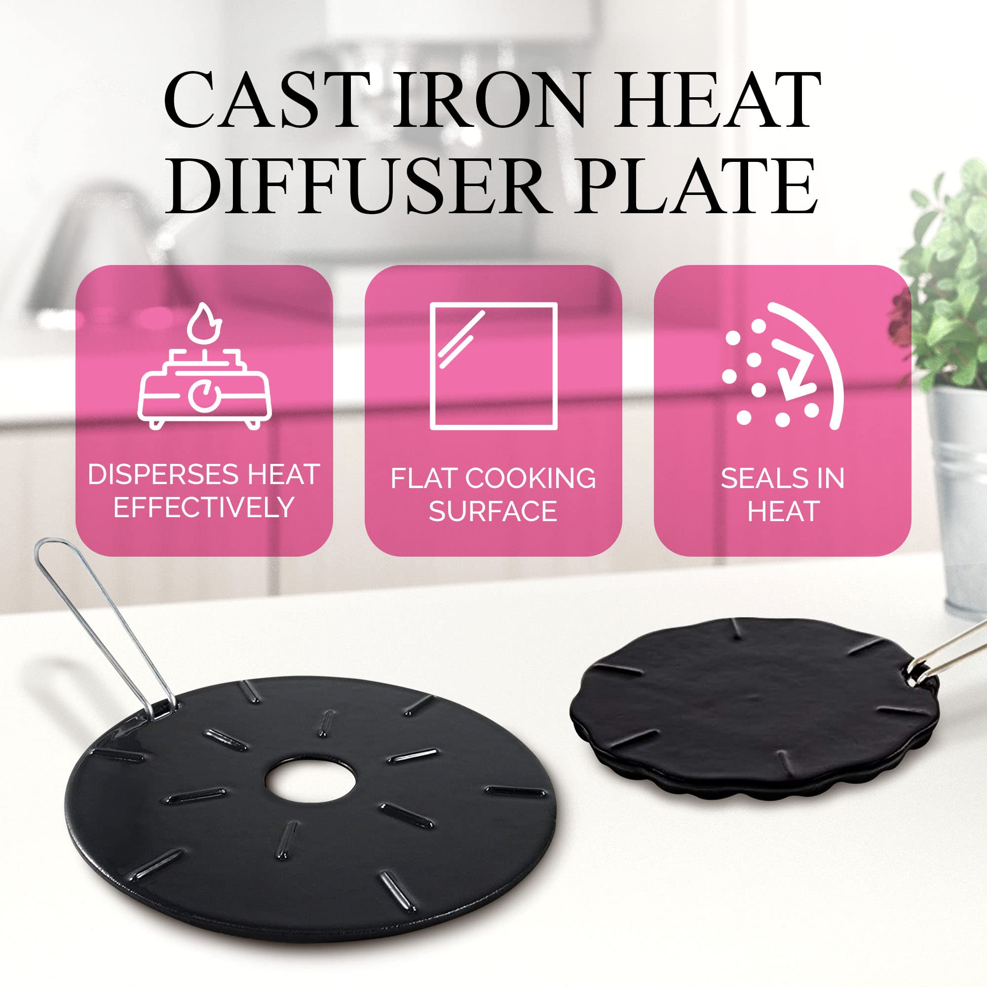 Aunt Shannon's Kitchen diffuser distributes heat evenly to reduce hotspots on cookware.