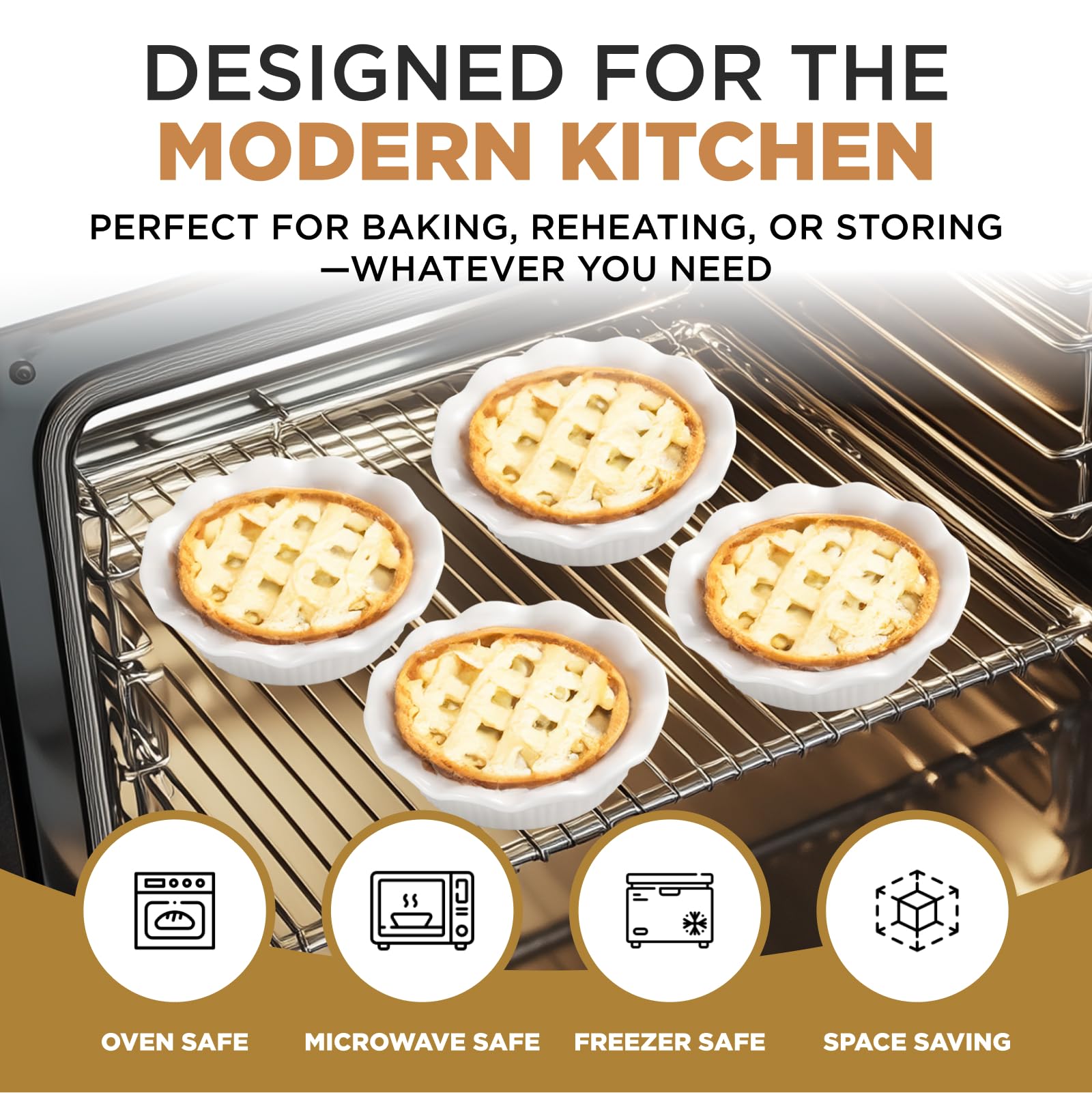 Aunt Shannon's Kitchen stackable mini pie dish set saves storage space.