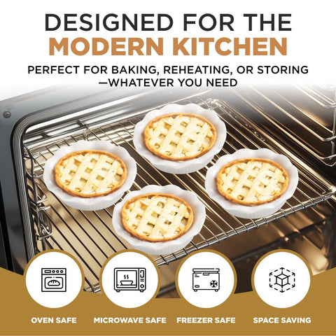 Aunt Shannon's Kitchen stackable mini pie dish set saves storage space.