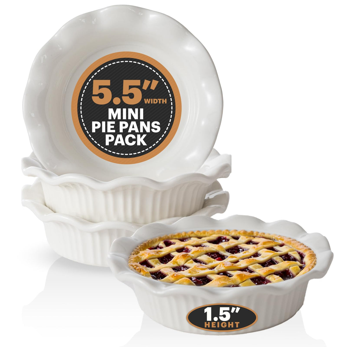 Aunt Shannon's Kitchen white ceramic mini pie pans set of four with fluted rims for individual servings.