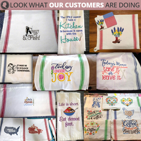 Aunti Em's Kitchen towels with hemmed edges and a hanging loop for easy storage.