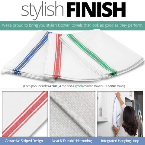 Aunti Em's Kitchen towels sized 25.5x15.5 inches for ample drying surface.