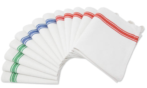 Aunti Em's Kitchen 13-pack dish towels with red, green, blue stripes for kitchen decor.