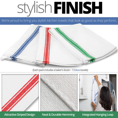 Folded 13-pack towels in blue stripes, ready for daily kitchen use
