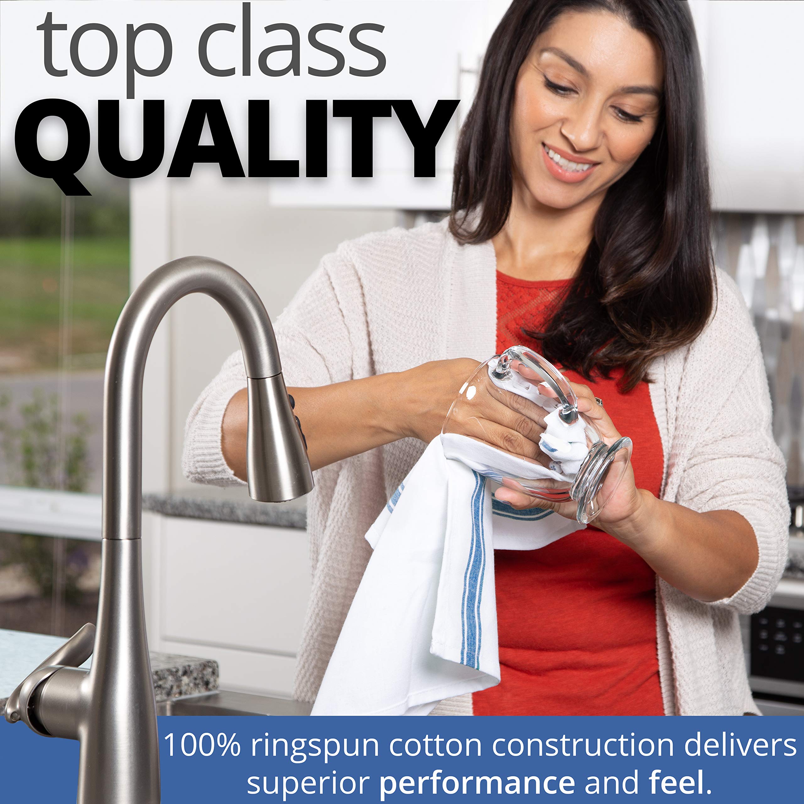 Blue-striped towel drying glassware, zero-lint finish for clean, sparkle-free rims