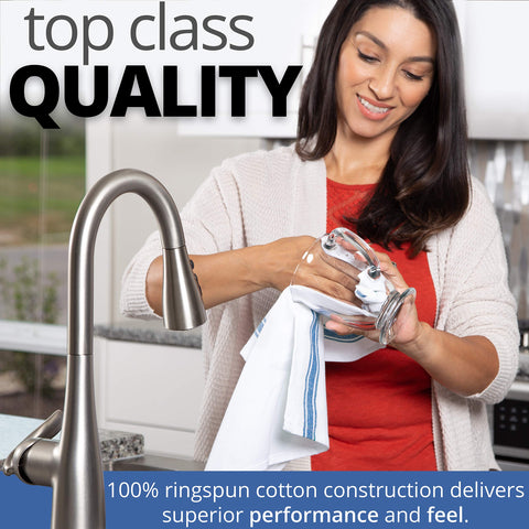 Blue-striped towel drying glassware, zero-lint finish for clean, sparkle-free rims