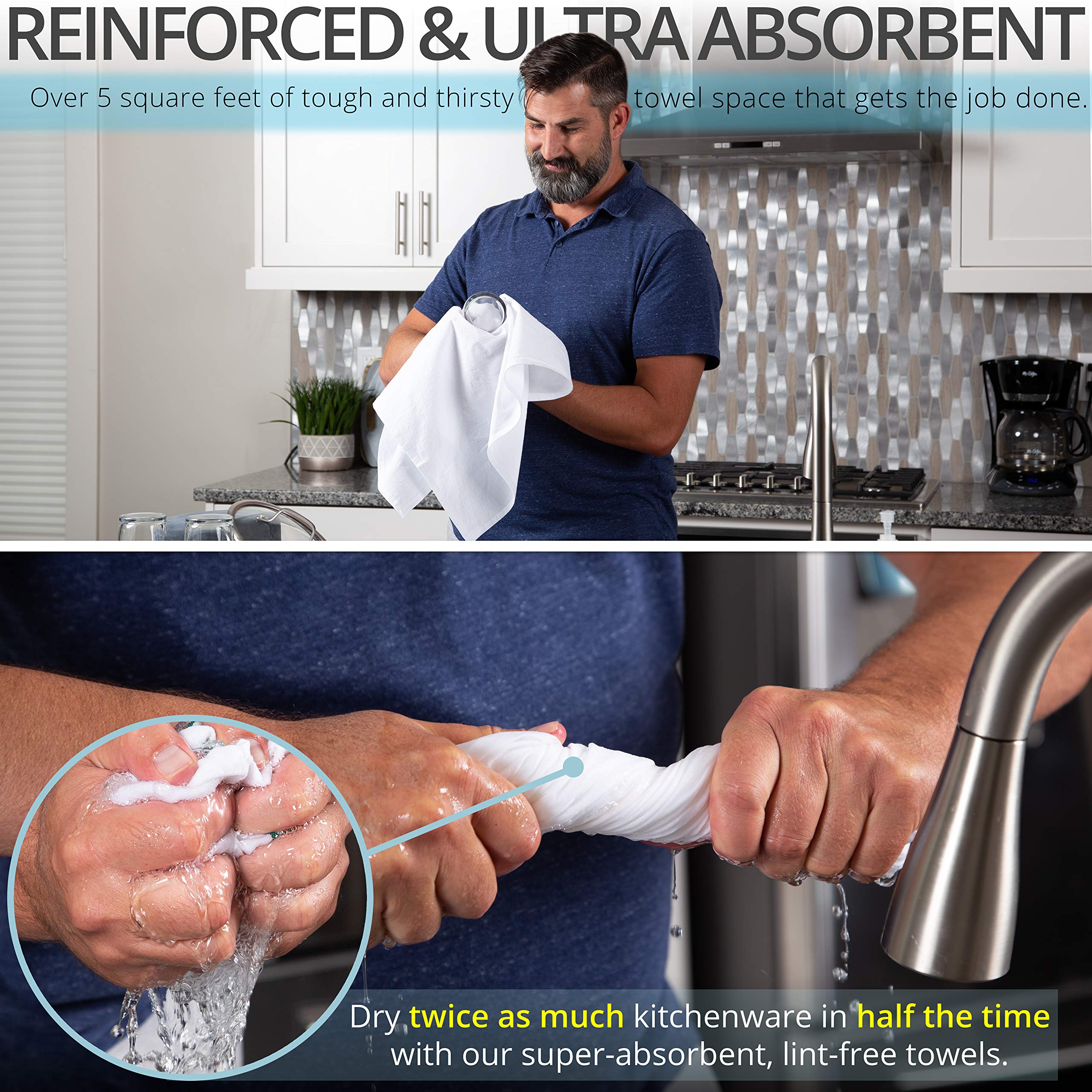 Aunti Em's Kitchen zero-lint towel for streak-free surfaces.