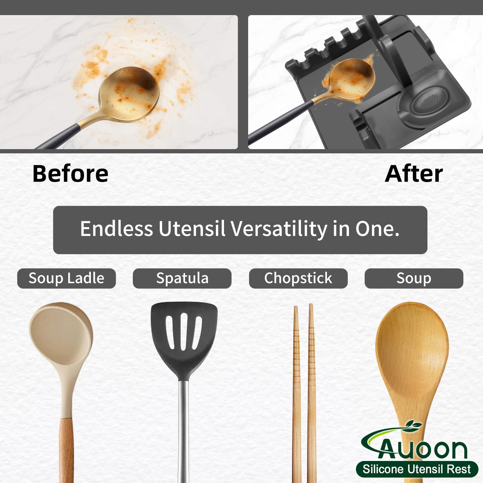 AUOON silicone utensil rest with drip pad protects surfaces while you cook.