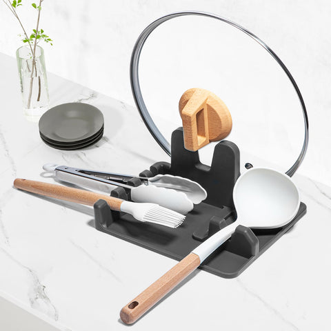 AUOON spoon rest on stove-top with grey finish keeps counters clean during cooking.