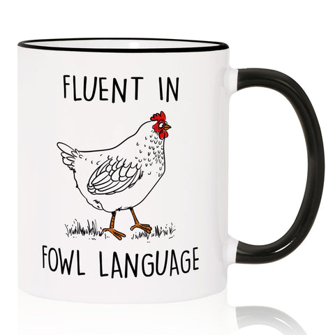 Aurahouse Fluent in Fowl Language mug with bold chicken design for playful mornings.