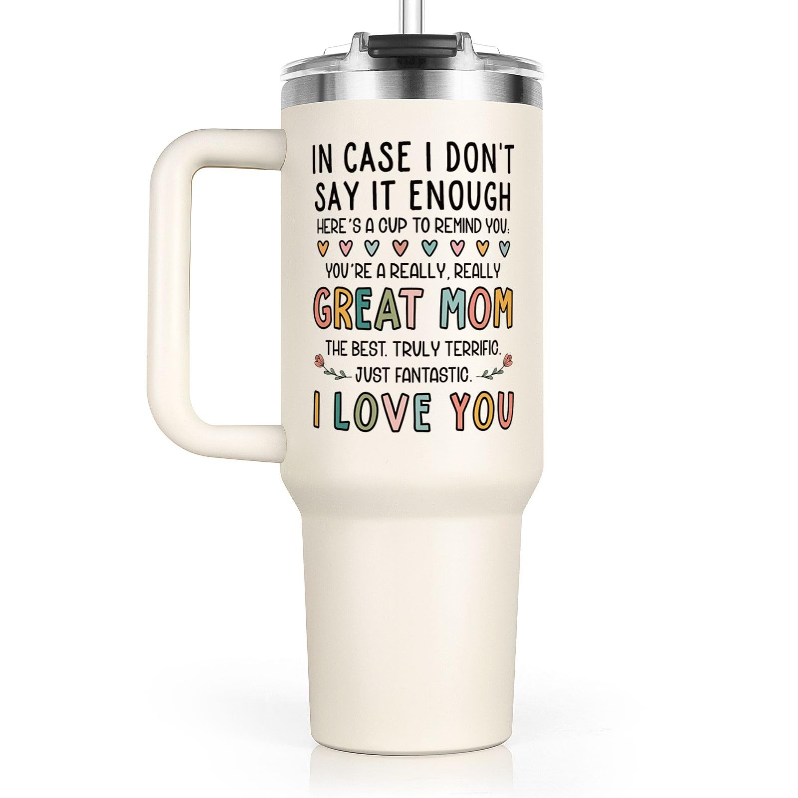 Aurahouse I Love You Mom tumbler front view with 40oz insulated design for long-lasting hydration.