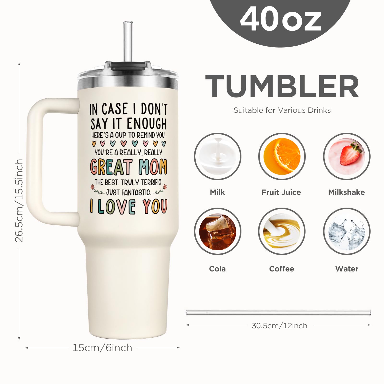 Aurahouse I Love You Mom tumbler insulated 40oz highlights hot or cold beverage performance.