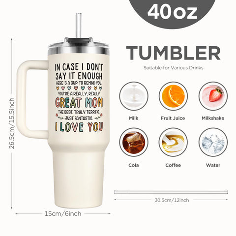 Aurahouse I Love You Mom tumbler insulated 40oz highlights hot or cold beverage performance.