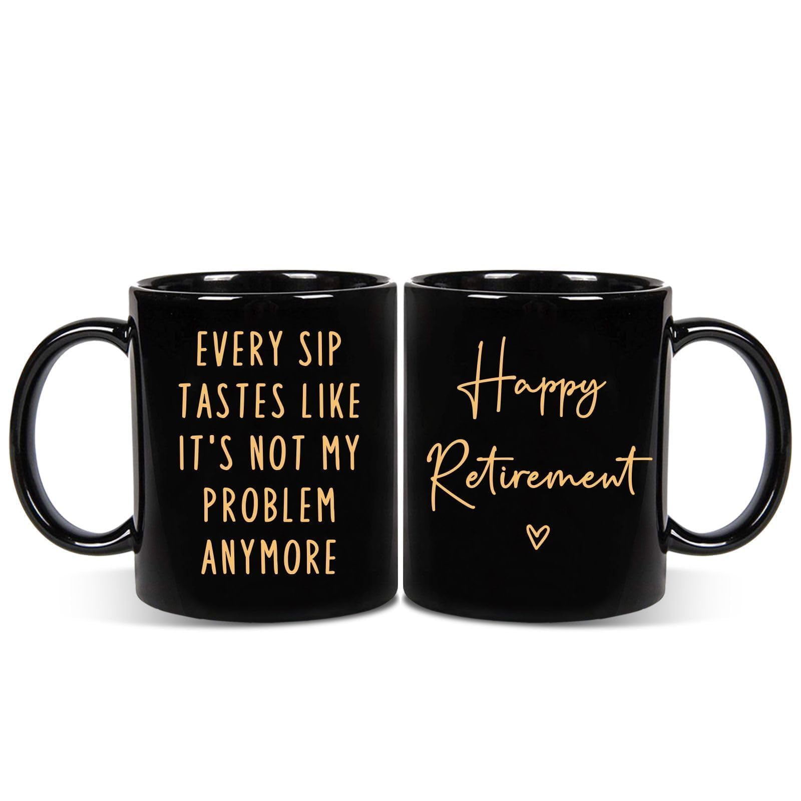Aurahouse retirement mug shown at angle with funny message for a lighthearted retirement gift.