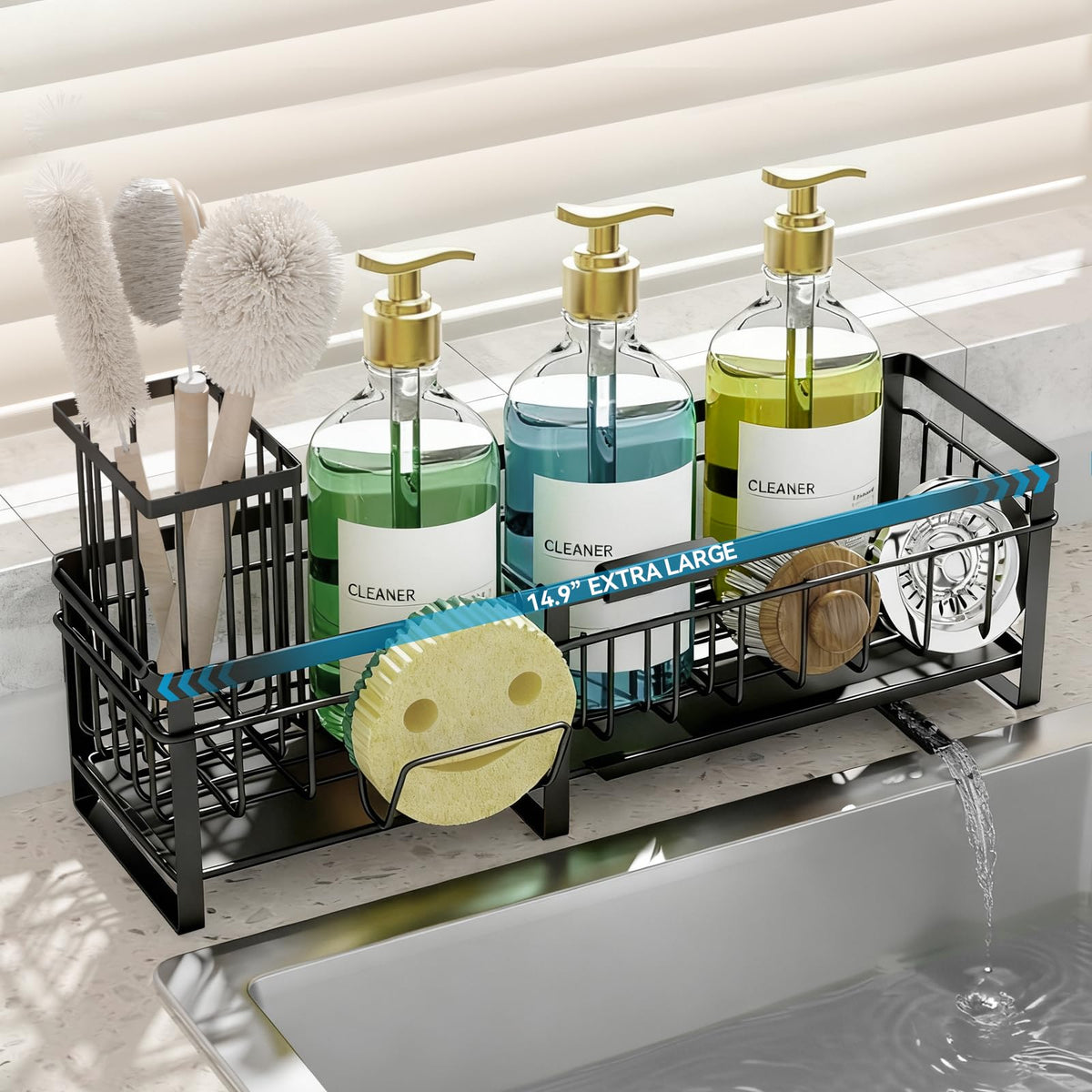 Aurblozen extra-large extendable sponge holder showing adjustable length for a neat counter.