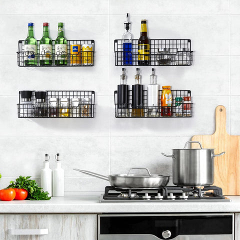 AURIKAR square-mesh spice rack in black provides durable kitchen organization.