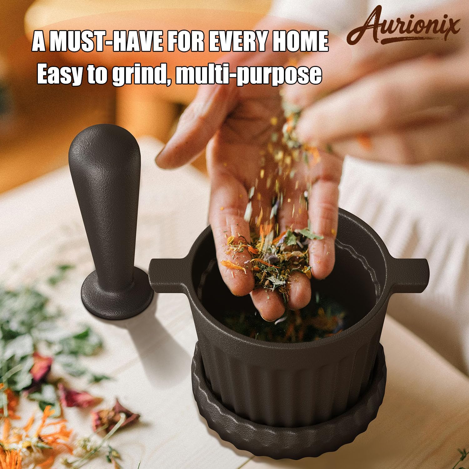 Aurionix serving tray base provides stable support during grinding.