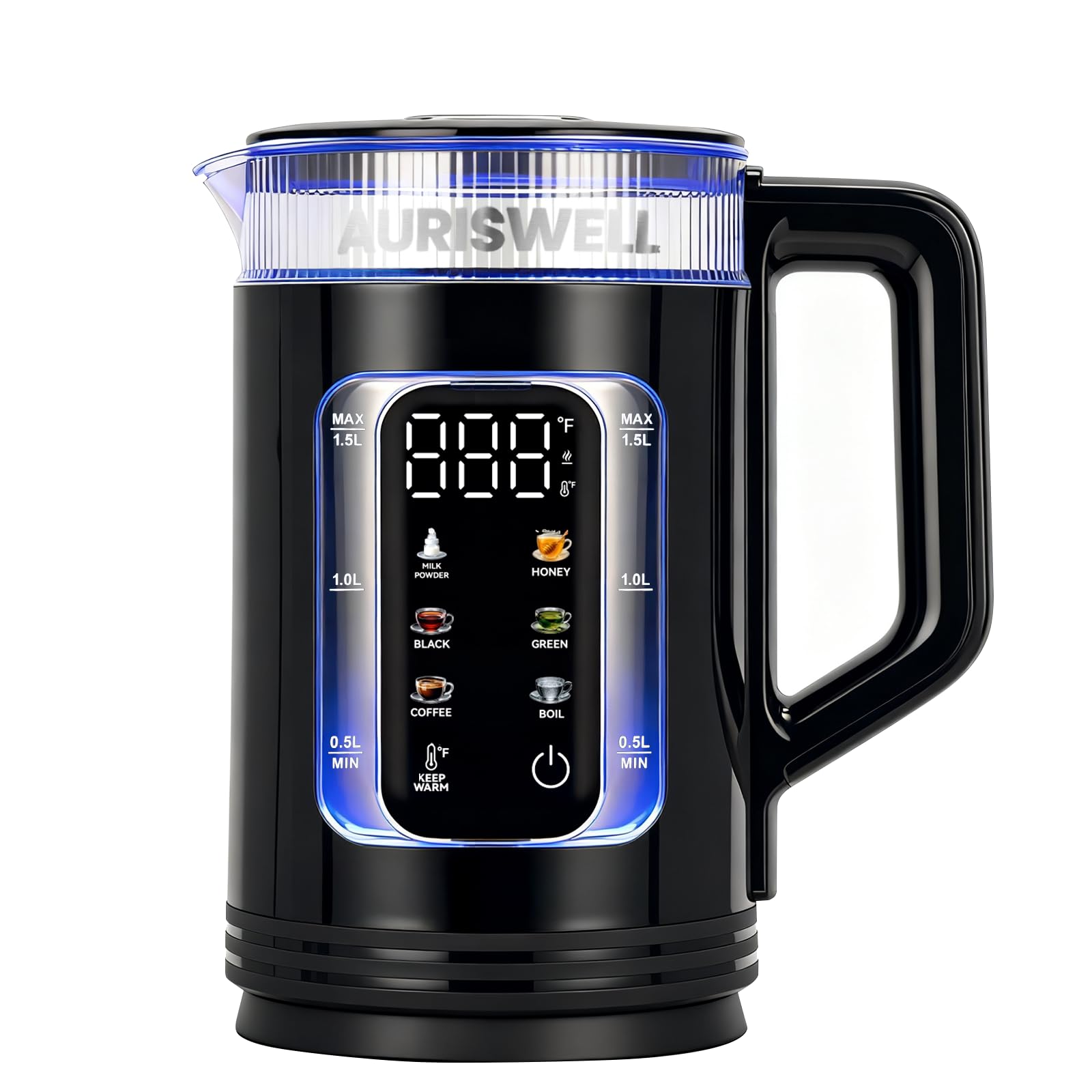 Auriswell electric tea kettle with six presets and a clear display for precise brews.