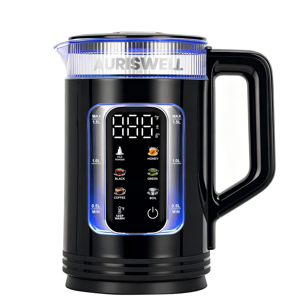 Auriswell electric tea kettle with six presets and a clear display for precise brews.