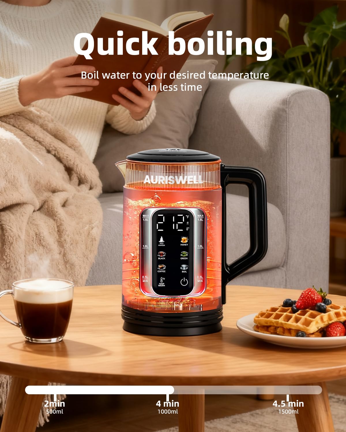 Auriswell kettle shows glass water window with LED indicator displaying the temperature.