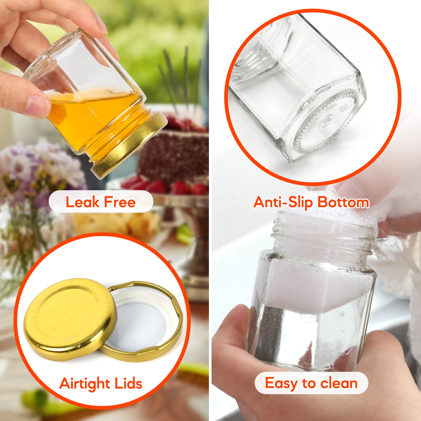 AuroTrends clear glass jars with gold seal lids for airtight storage.