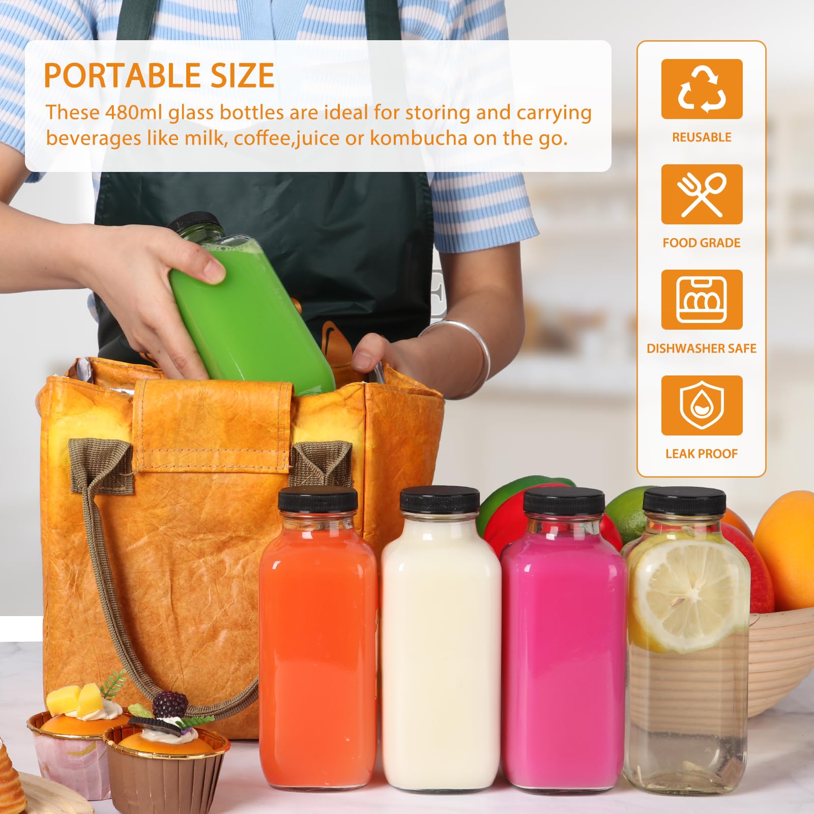 AuroTrends leakproof lid 16 oz glass bottle for fridge storage.