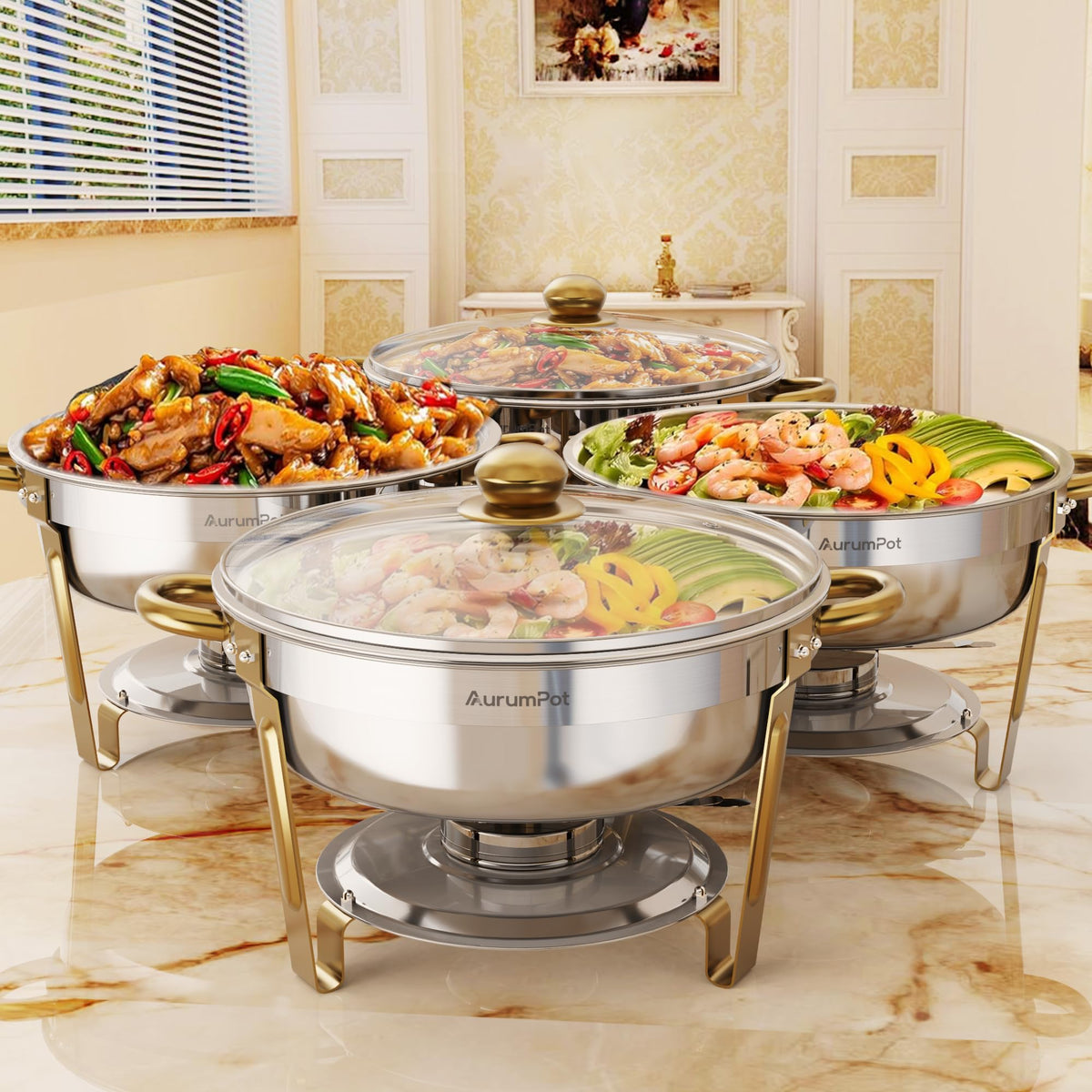 Aurumpot chafing dish 4-pack with visible glass cover for easy monitoring
