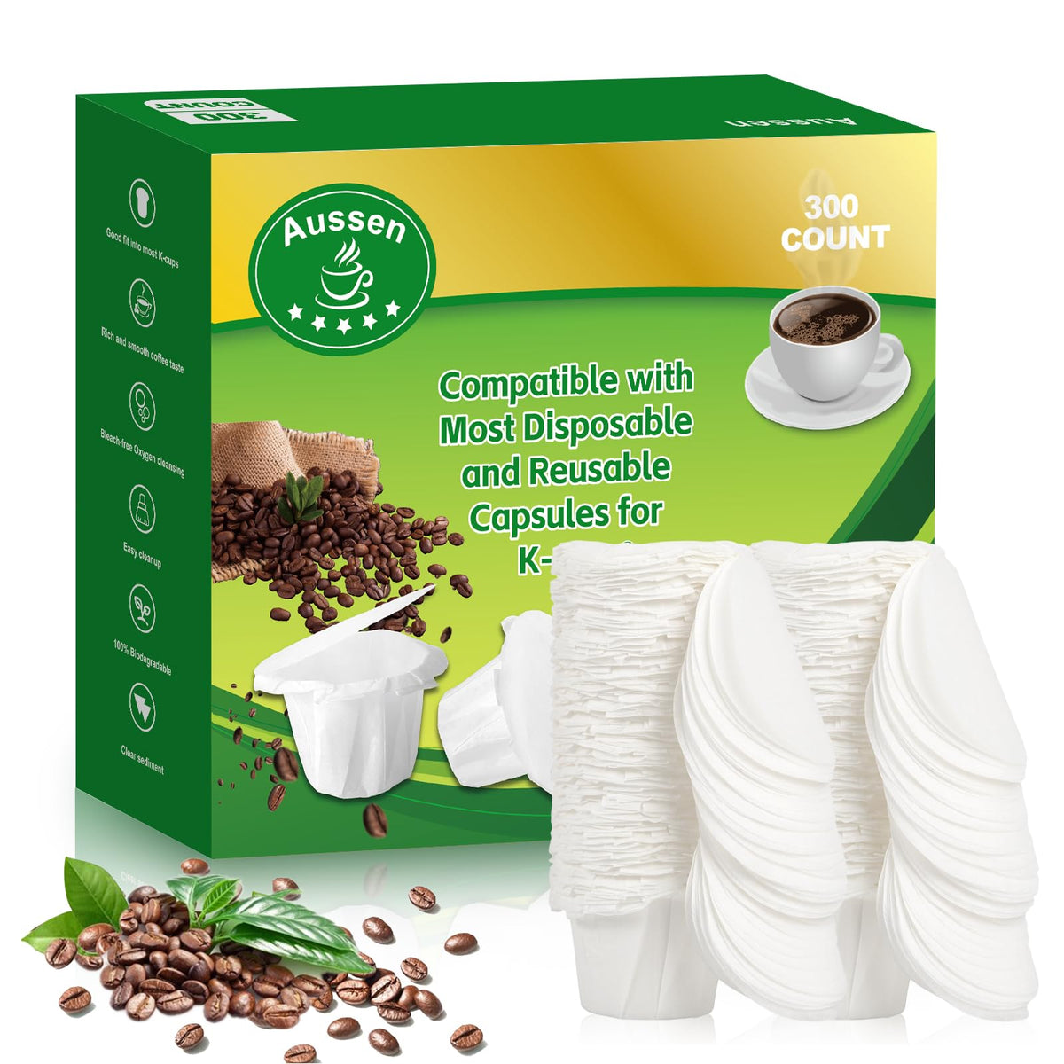 Aussen keurig-compatible disposable filter with white lid for mess-free single-serve brewing