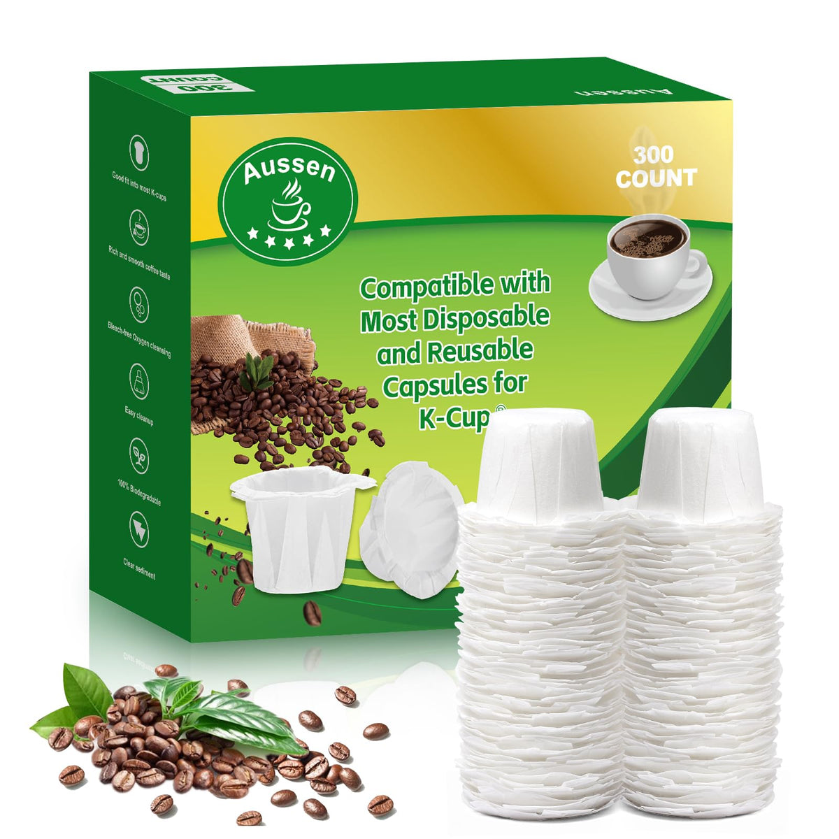 Aussen disposable filters for Keurig, white, 300-pack, mess-free brewing.