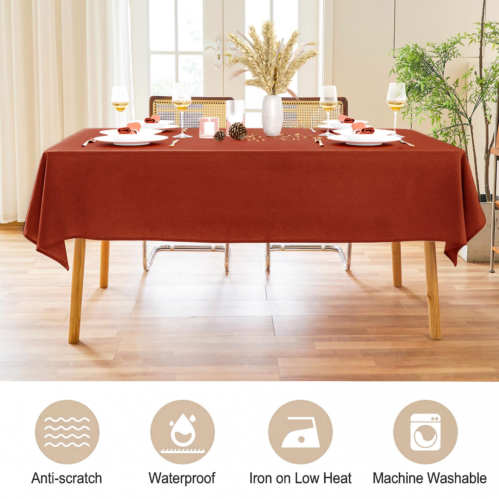 AUSSPVOCT burnt orange farmhouse tablecloth adds warm, inviting tone to dining.