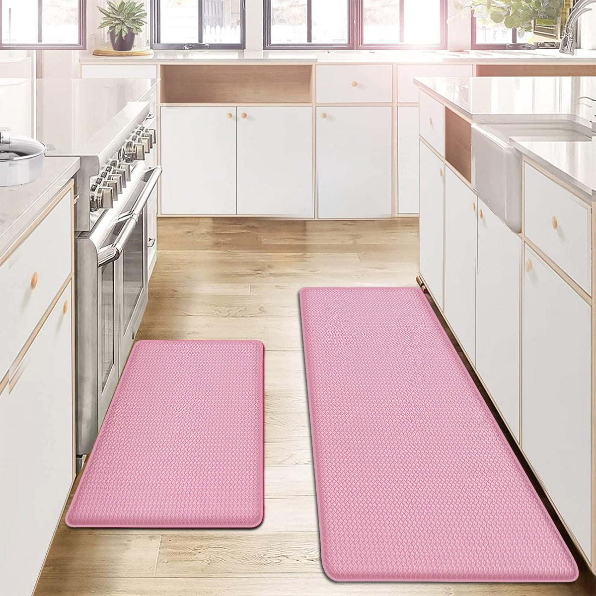 AUTODECO kitchen mats top view with pink-red cushions for comfortable standing.
