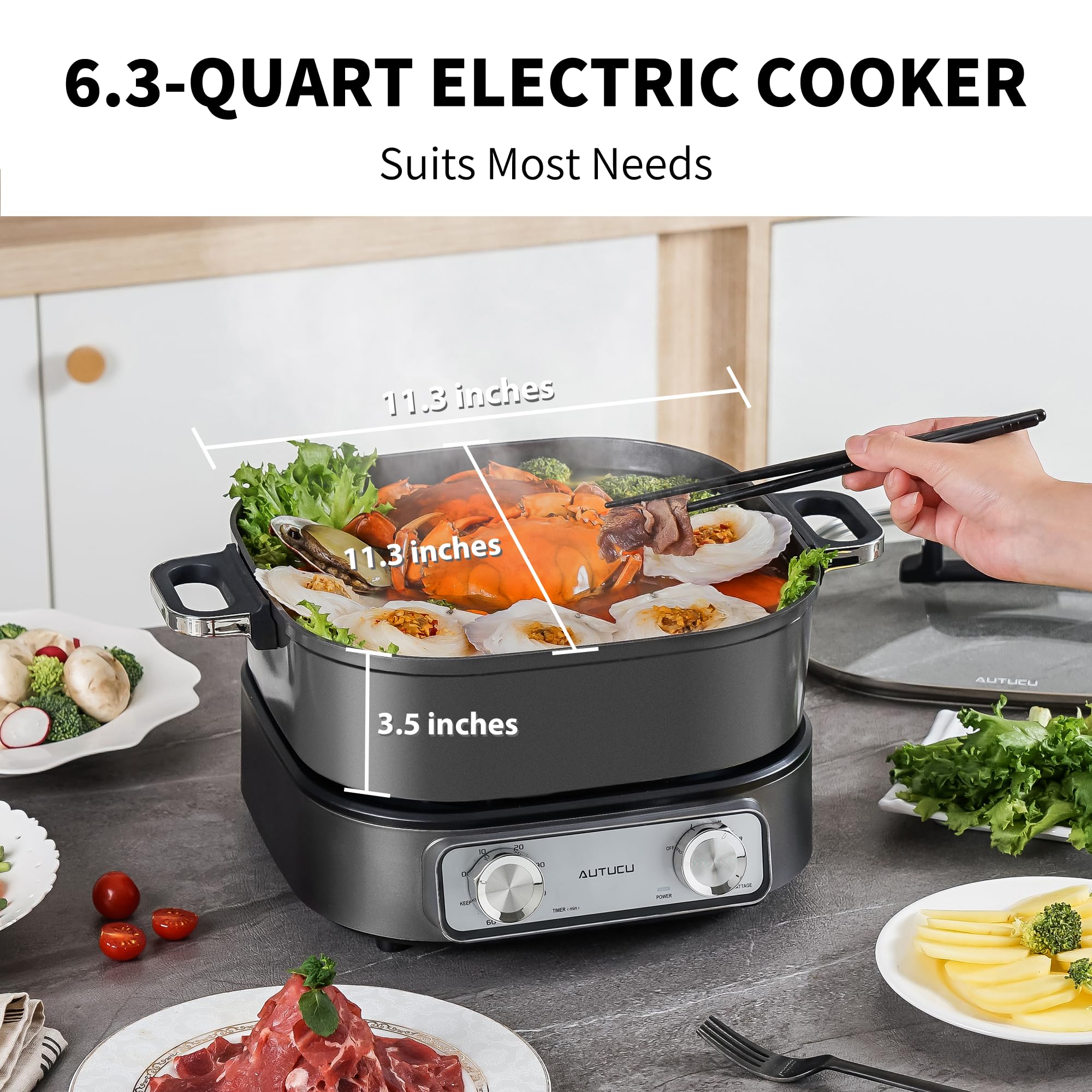 AUTUCU Electric Skillet dual control knobs enable precise timing and heat for diverse dishes.