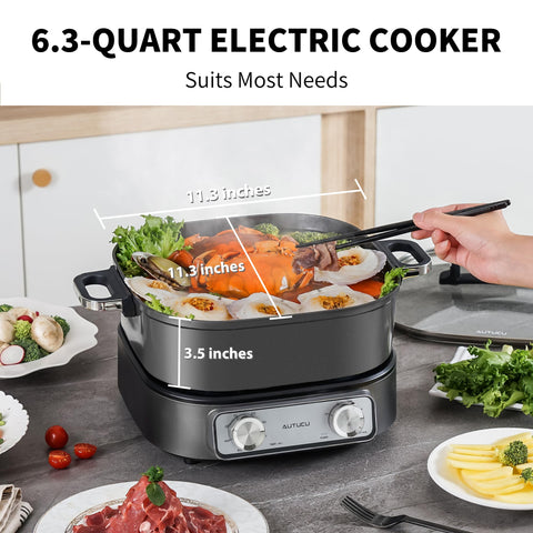 AUTUCU Electric Skillet dual control knobs enable precise timing and heat for diverse dishes.