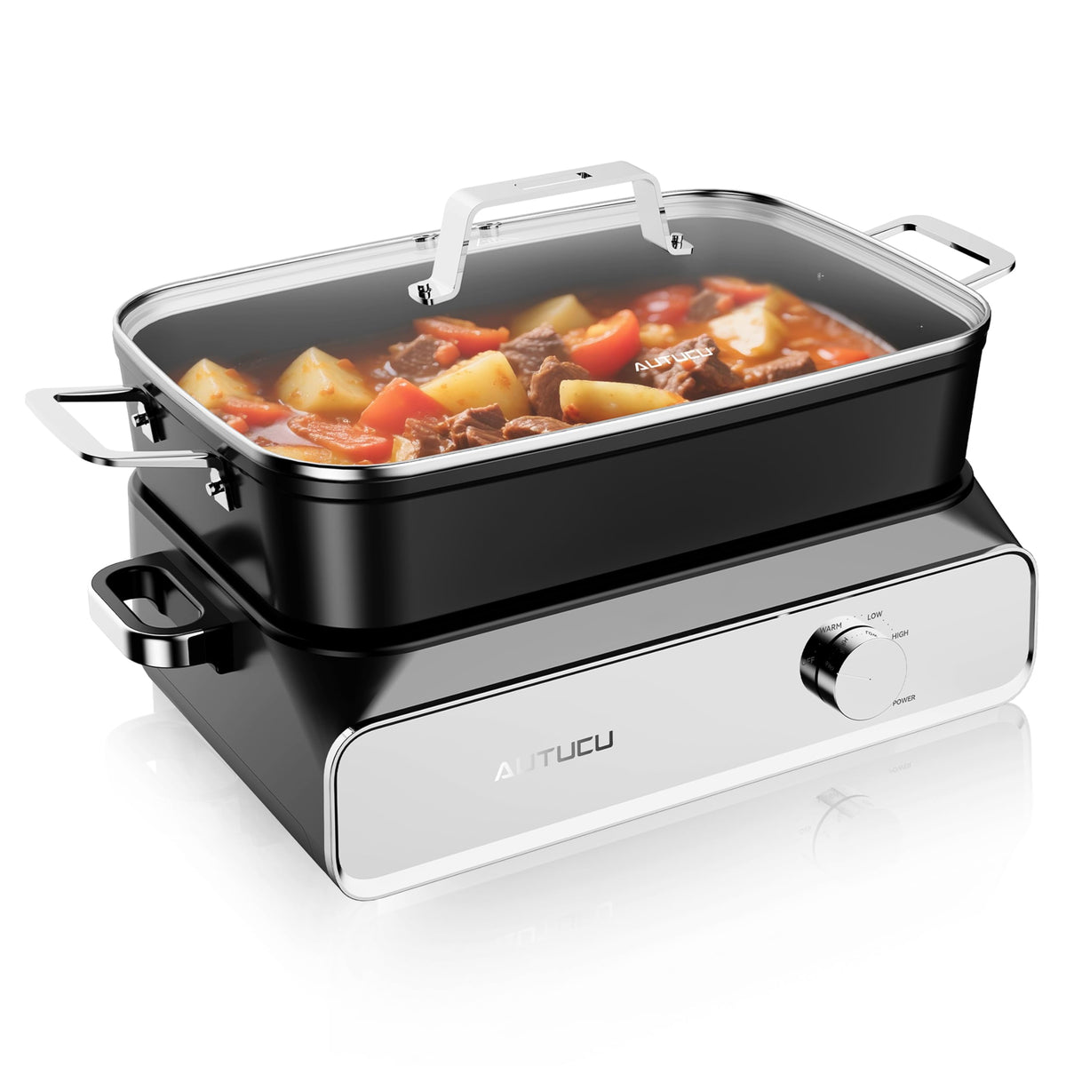 AUTUCU slow cooker 10-quart front view ideal for feeding a large family.