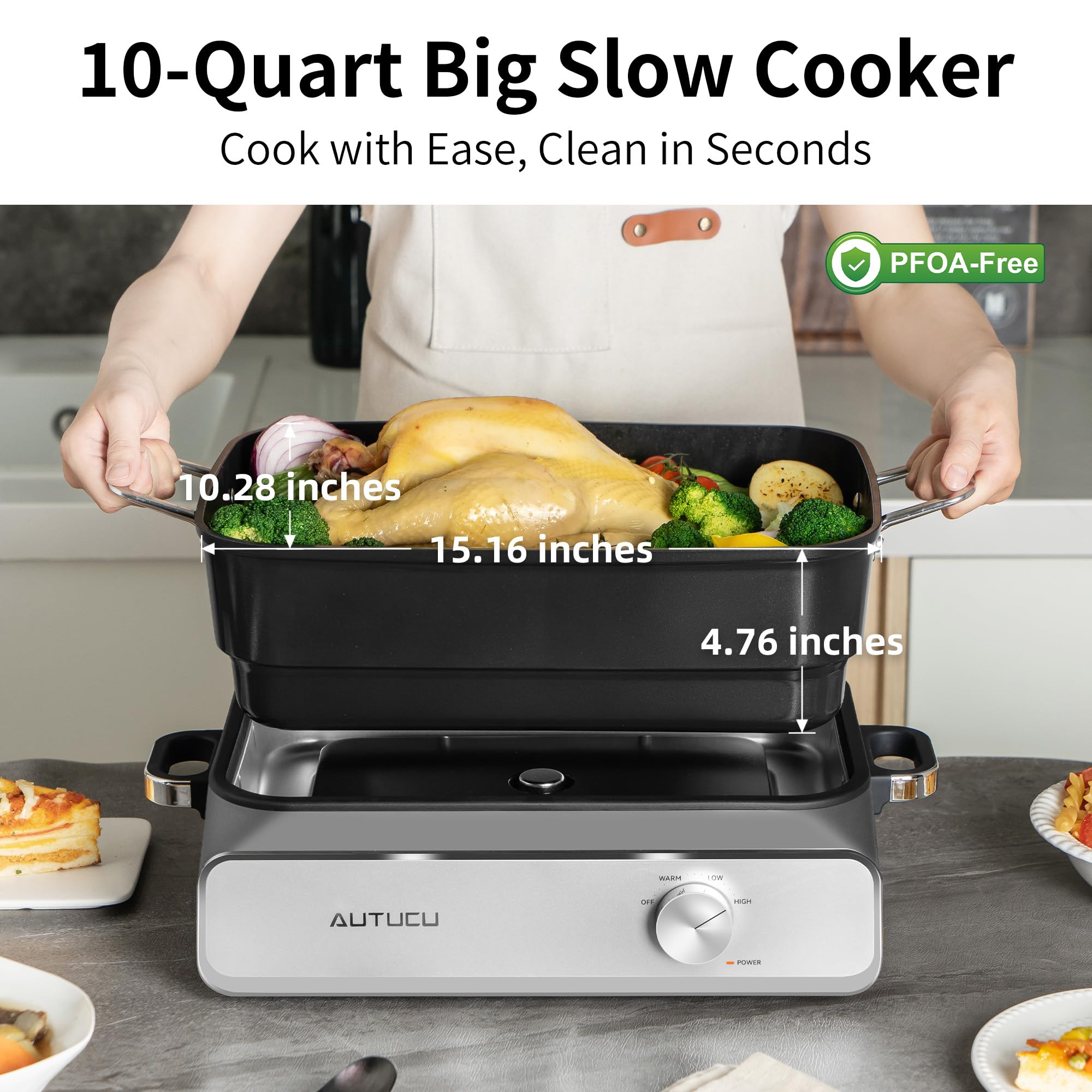 AUTUCU slow cooker lid-open shows wide pot for easy prep and serving.