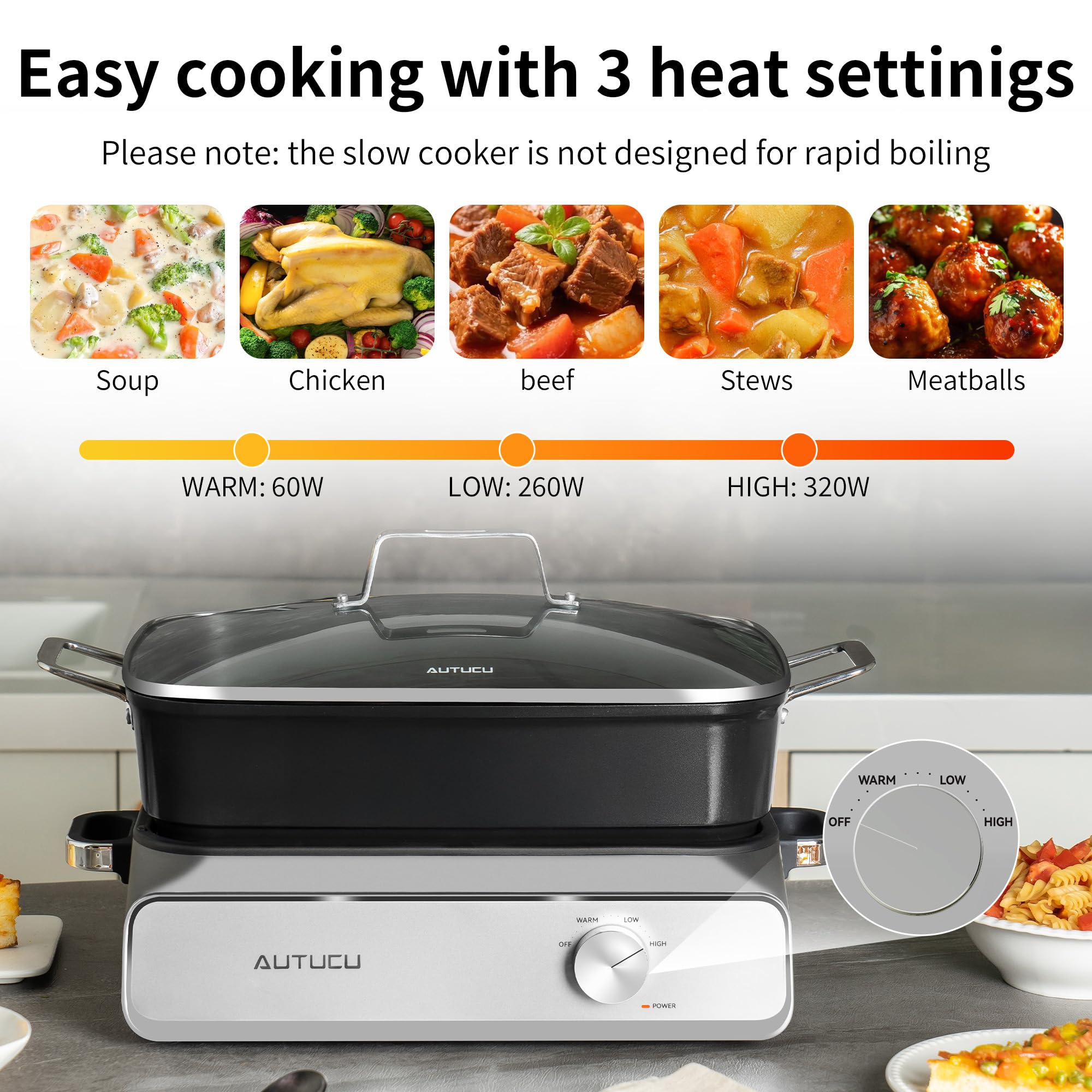 AUTUCU 3-dial control highlights simple Warm Low High settings for versatile cooking.