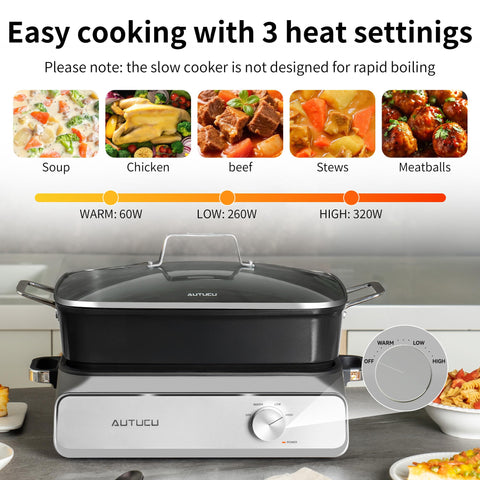AUTUCU 3-dial control highlights simple Warm Low High settings for versatile cooking.
