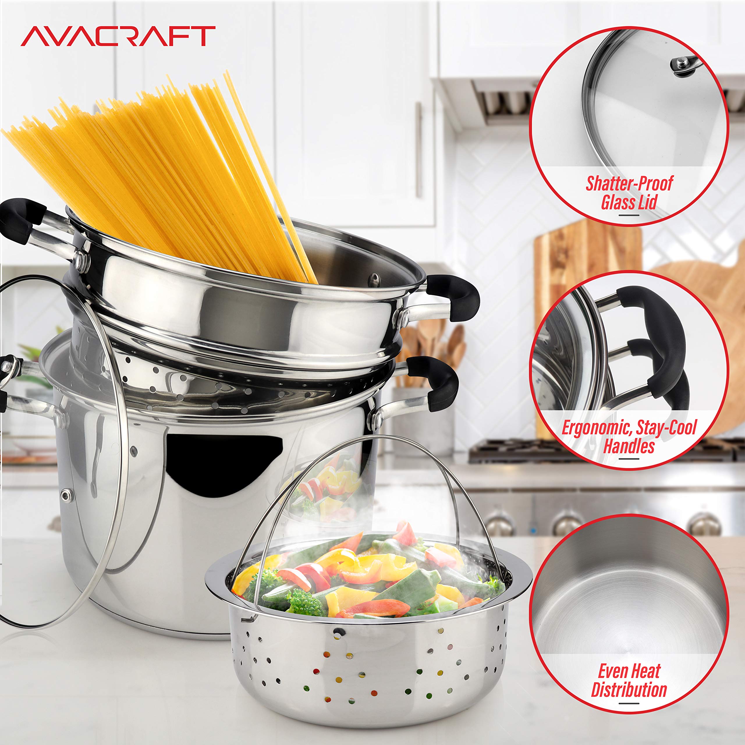 AVACRAFT pasta pot insert ideal for separate cooking of noodles and sauces.
