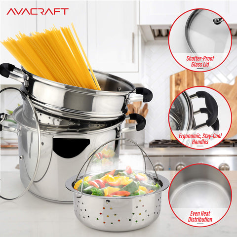 AVACRAFT pasta pot insert ideal for separate cooking of noodles and sauces.