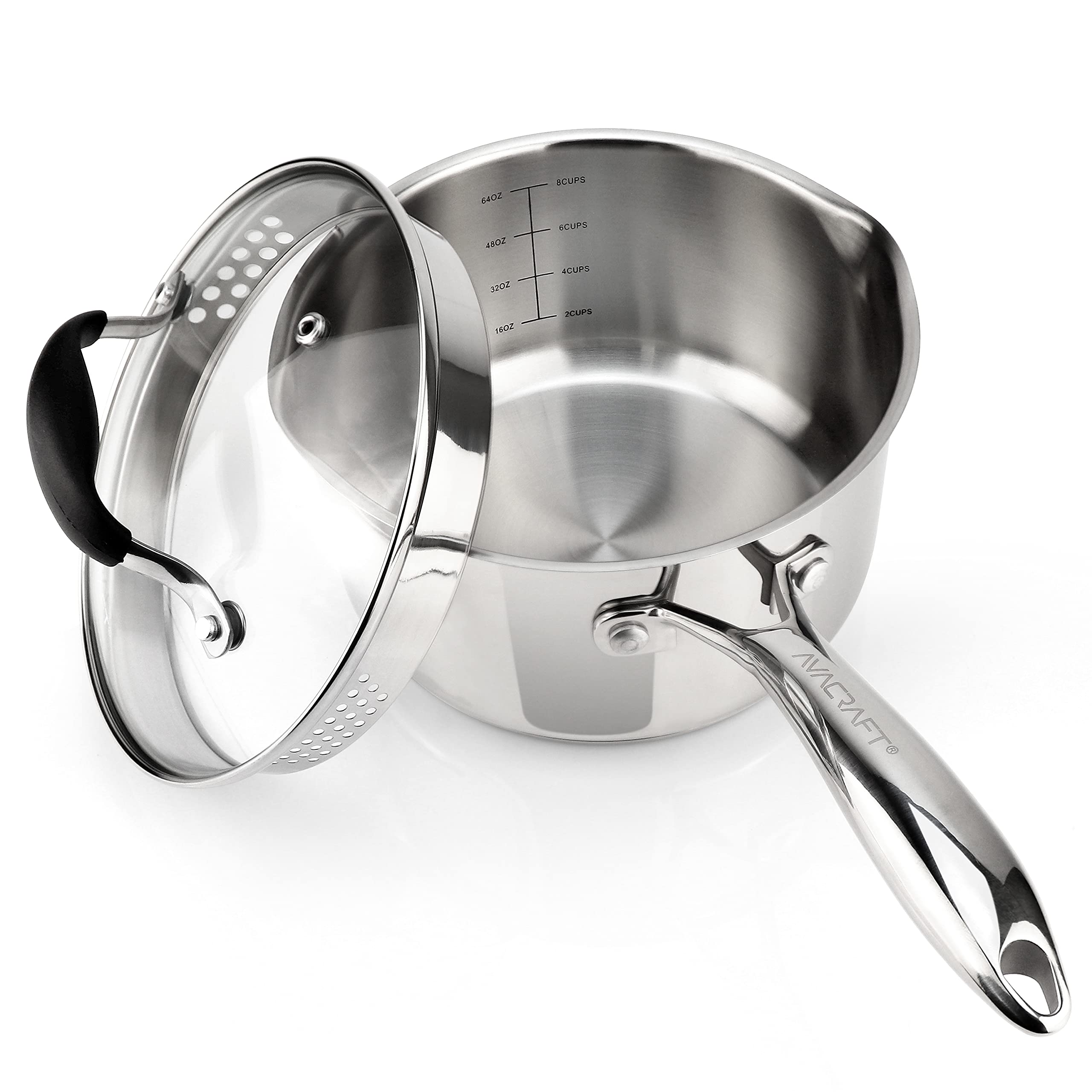AVACRAFT stainless saucepan with glass strainer lid enabling easy dual-side straining for pasta and vegetables