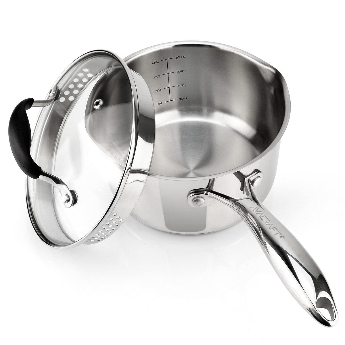 AVACRAFT stainless saucepan with glass strainer lid enabling easy dual-side straining for pasta and vegetables
