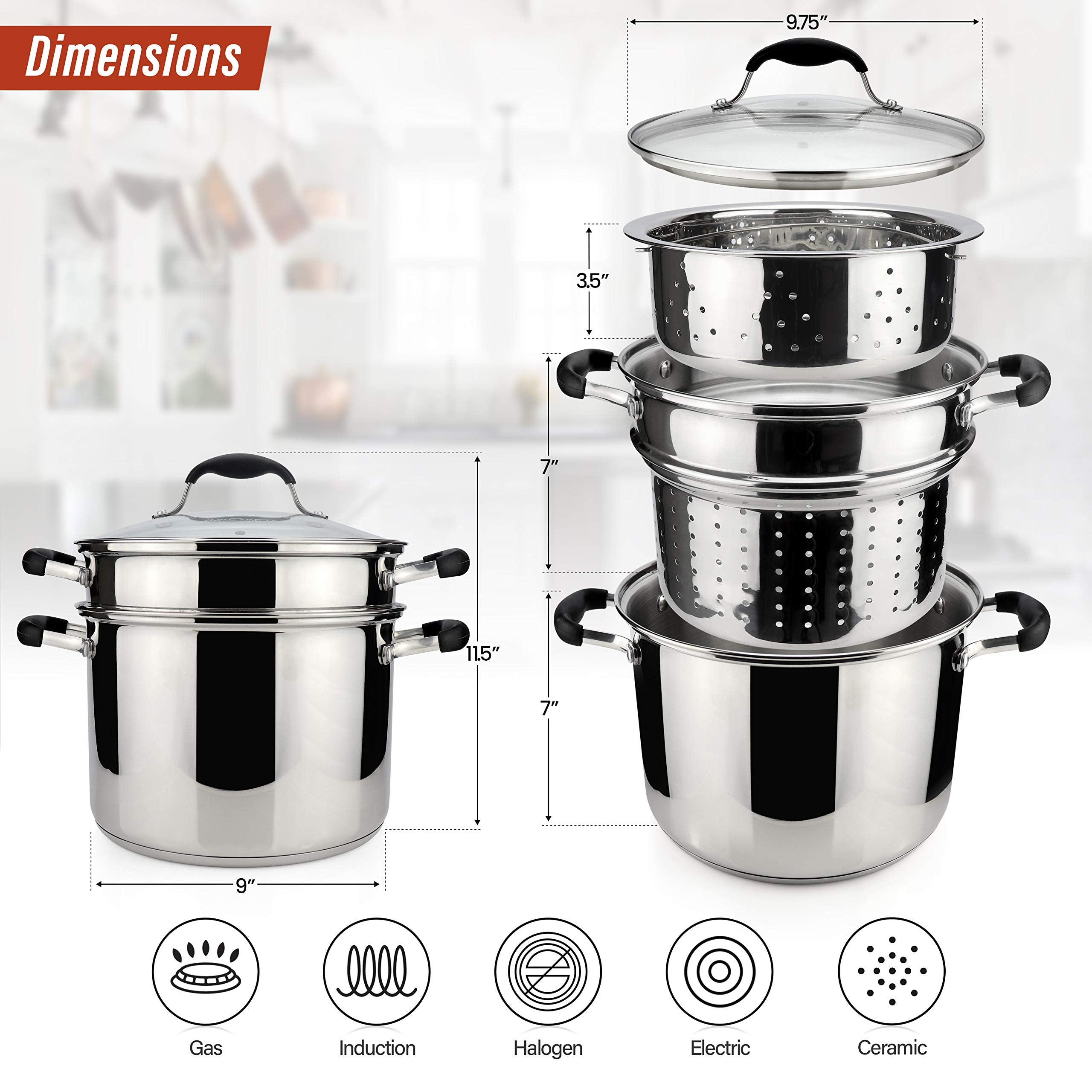 AVACRAFT strainer insert shown for efficient draining pasta and vegetables.