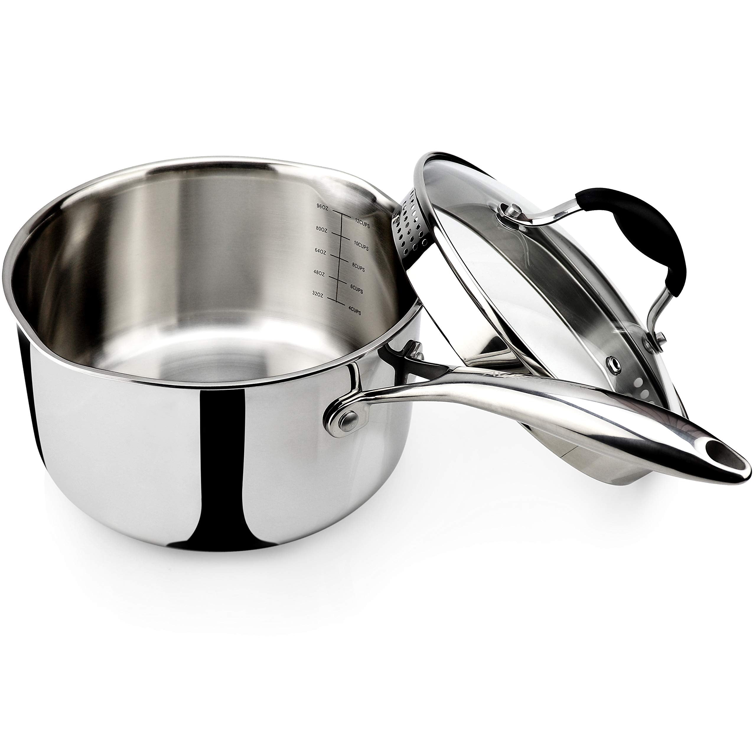 AVACRAFT tri-ply saucepan with glass lid and built-in strainer for effortless draining