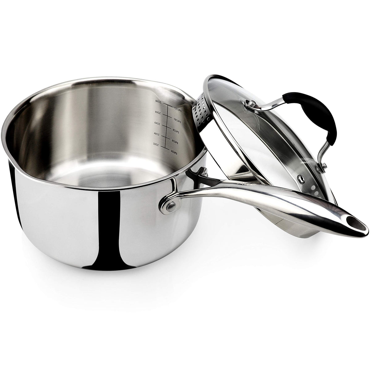 AVACRAFT tri-ply saucepan with glass lid and built-in strainer for effortless draining