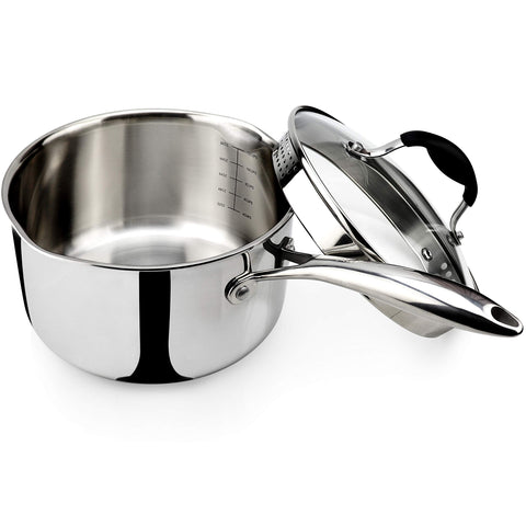 AVACRAFT tri-ply saucepan with glass lid and built-in strainer for effortless draining