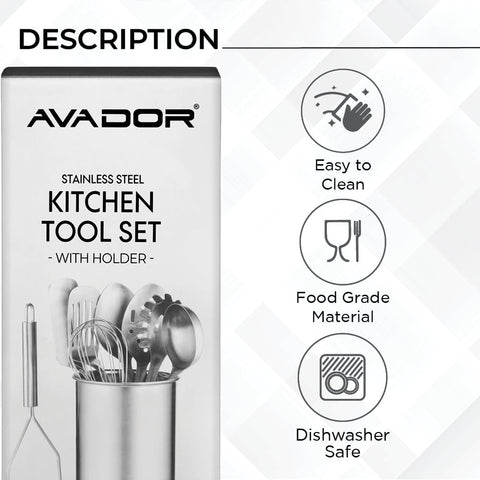 Avador Premium Set features easy-clean stainless tools for quick maintenance.