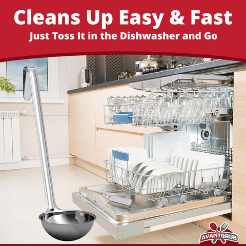 Avant Grub ladle hanging on pot for easy access in busy kitchens